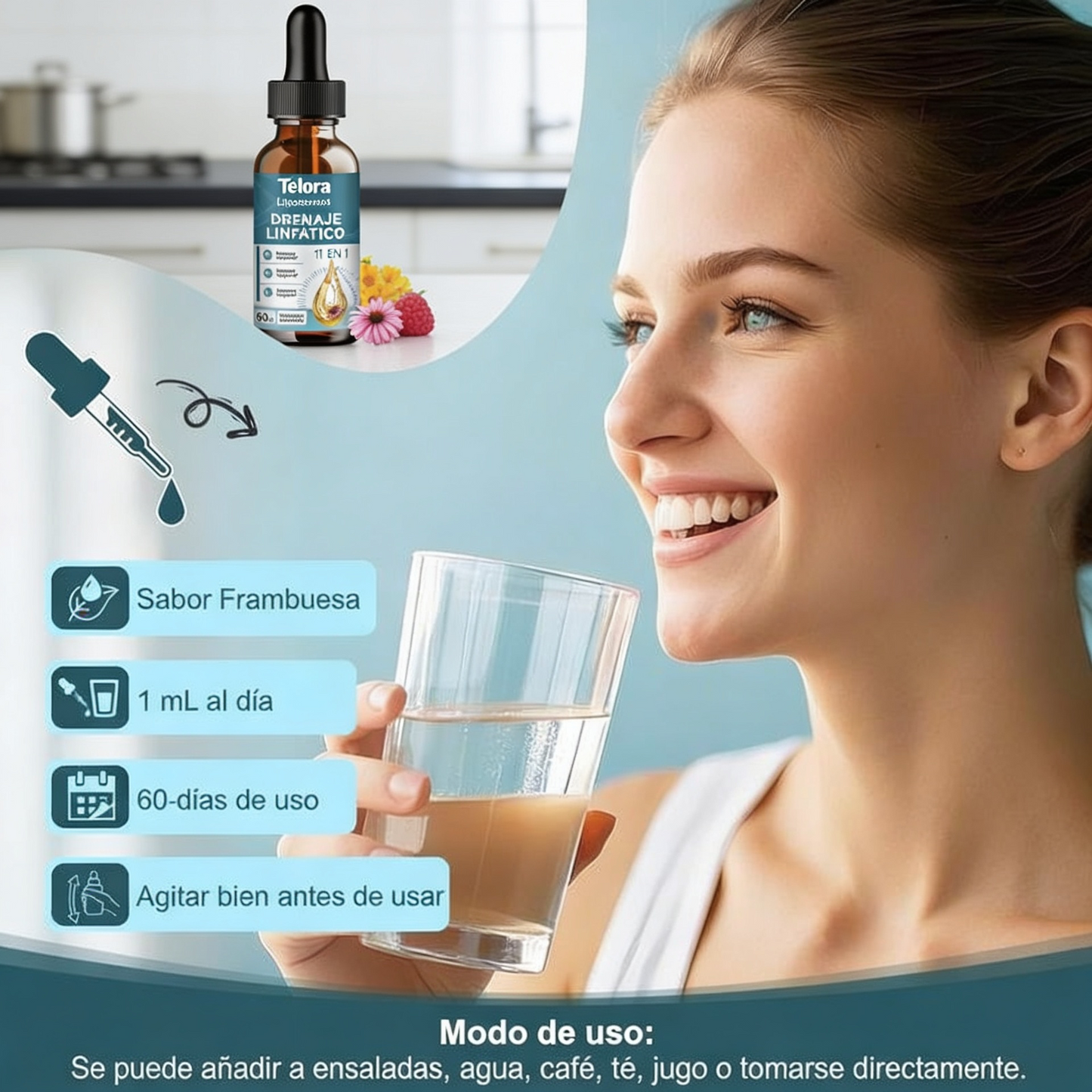 Telora Drenaje Linfático · Gotas Liposomales 11 en 1 · 60 mL