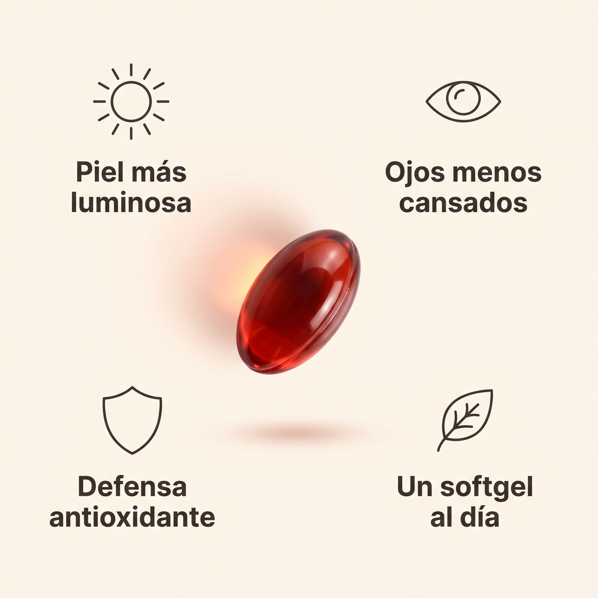 Cápsula de astaxantina con sus cuatro beneficios: piel luminosa, ojos descansados, defensa antioxidante y un softgel al día