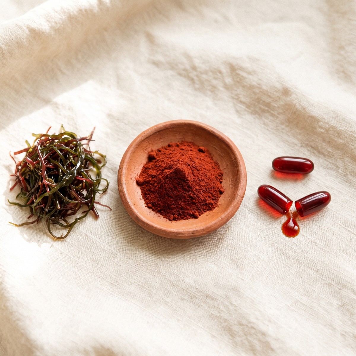 Microalga fresca, polvo de astaxantina y tres softgels rojos sobre lino crema