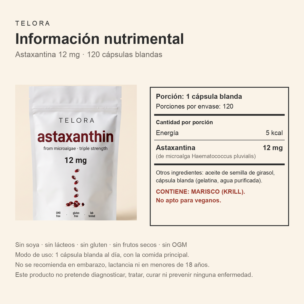 Tabla nutricional real: 12 mg de astaxantina de microalga por softgel, 120 softgels