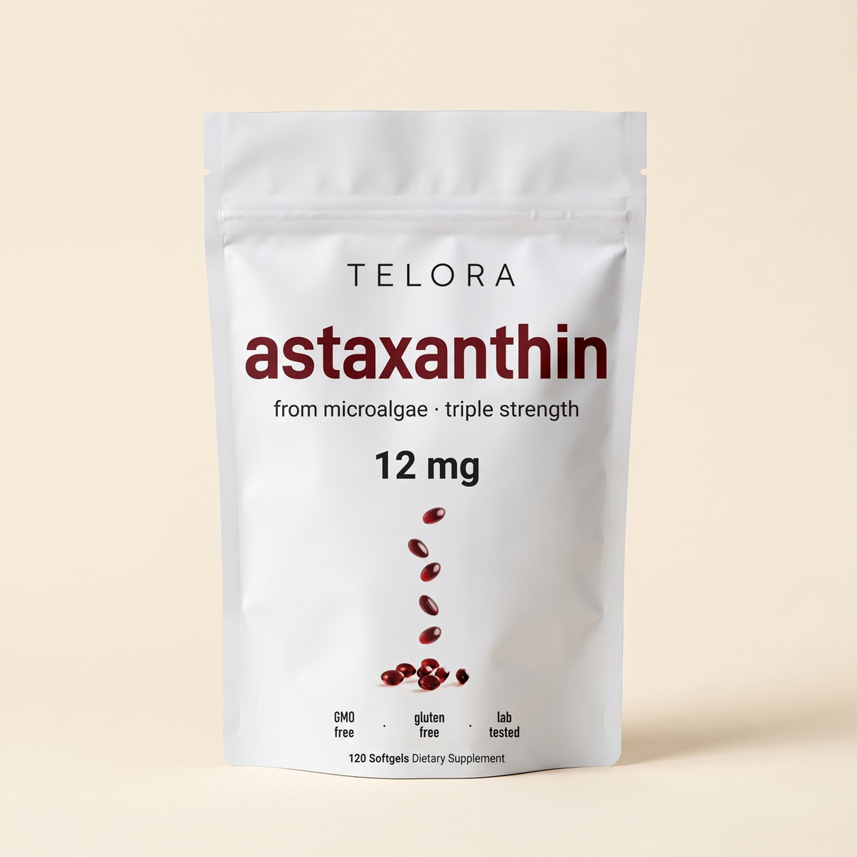 Packshot de la bolsa de Astaxantina 12 mg Triple Fuerza de Telora, 120 softgels