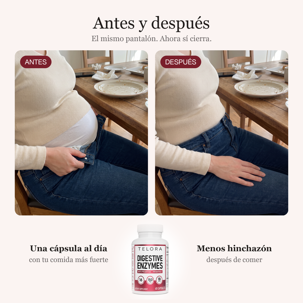 Antes y después: la misma mujer sentada después de comer, primero con el pantalón desabrochado por la hinchazón y después cómoda