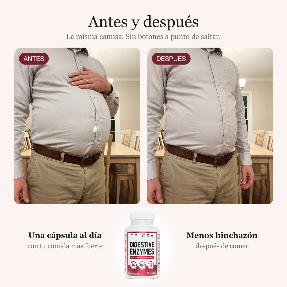 Antes y después: la misma blusa, primero tirante por la hinchazón y después lisa