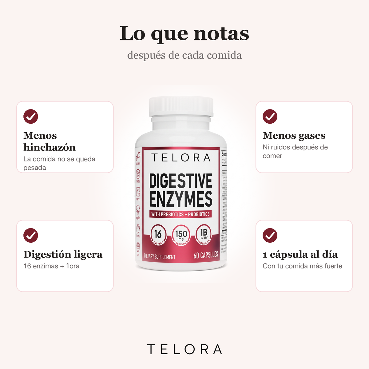 Bote de Enzimas Digestivas con sus beneficios: menos hinchazón, menos gases, digestión ligera, una cápsula al día
