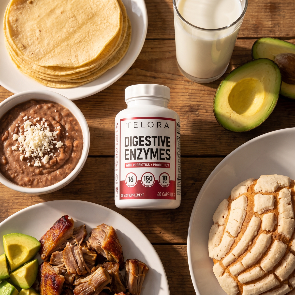 Bote de Enzimas Digestivas rodeado de tortillas, frijoles, carnitas, queso y pan dulce