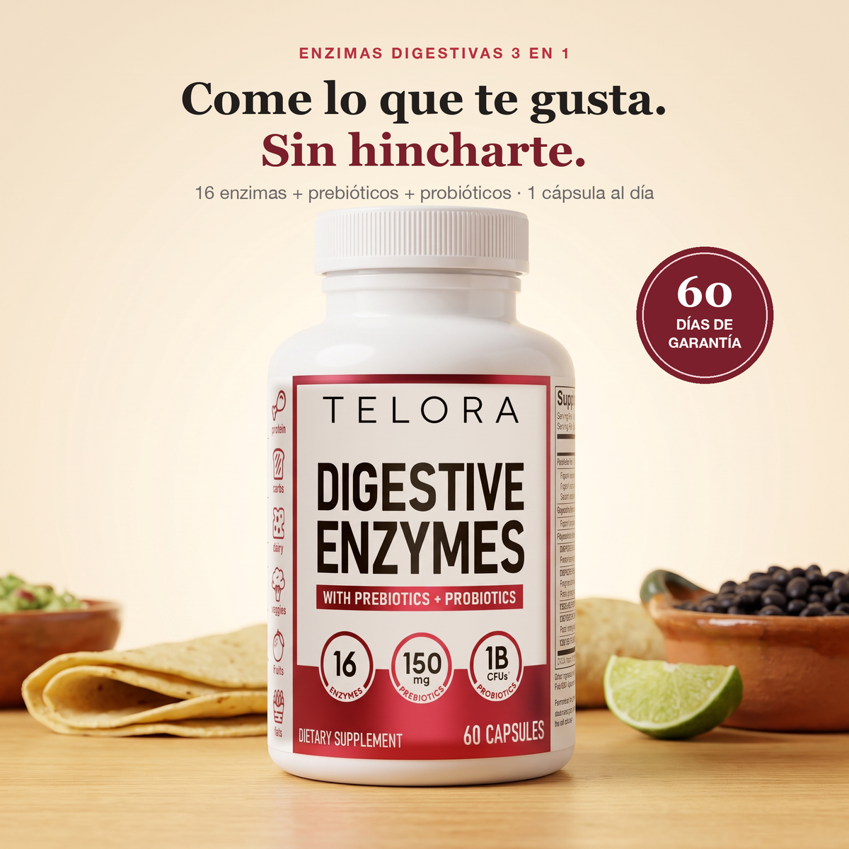 Bote de Enzimas Digestivas 3 en 1 de Telora: come lo que te gusta sin hincharte, 60 días de garantía