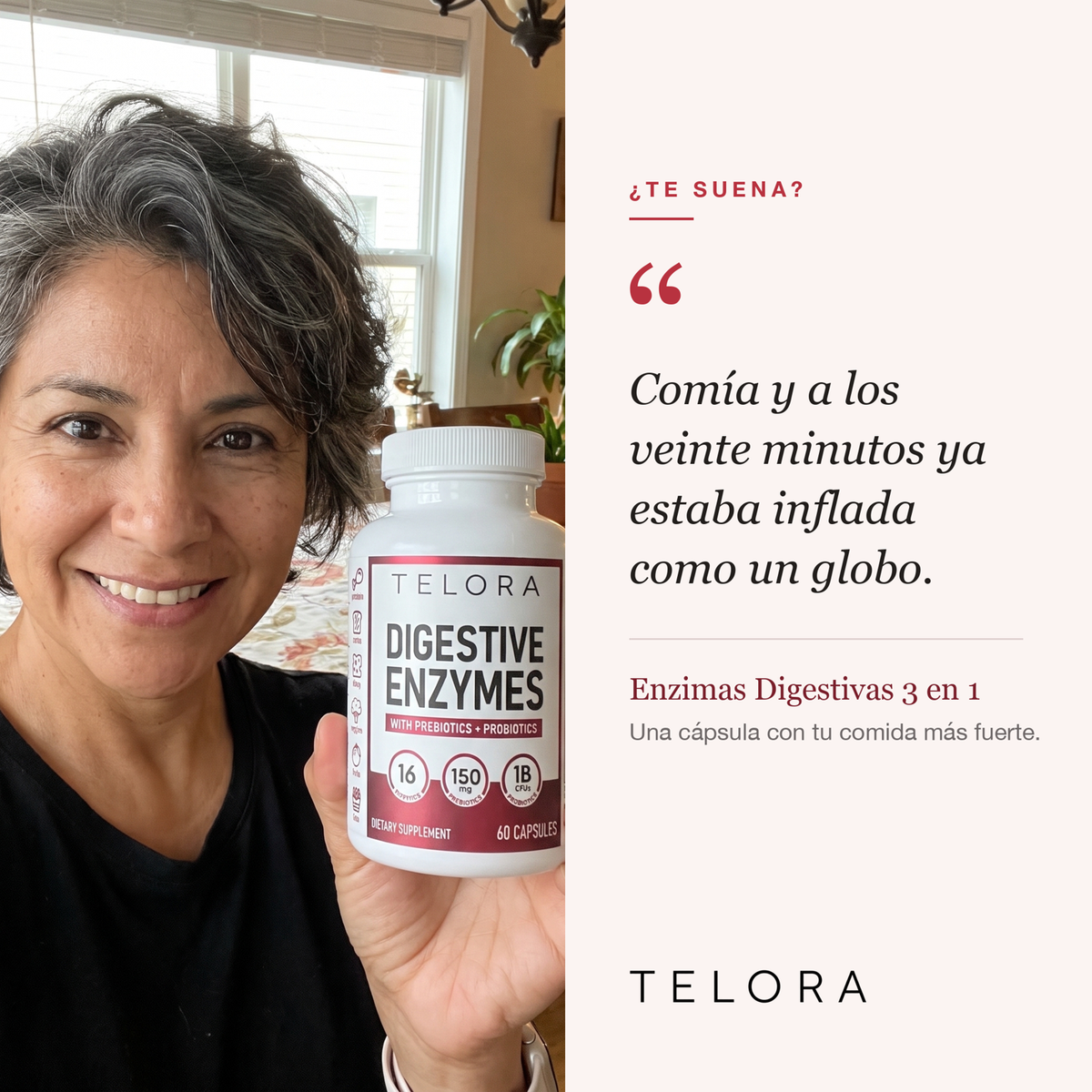 Mujer con el bote de Enzimas Digestivas: después de comer se inflaba como un globo