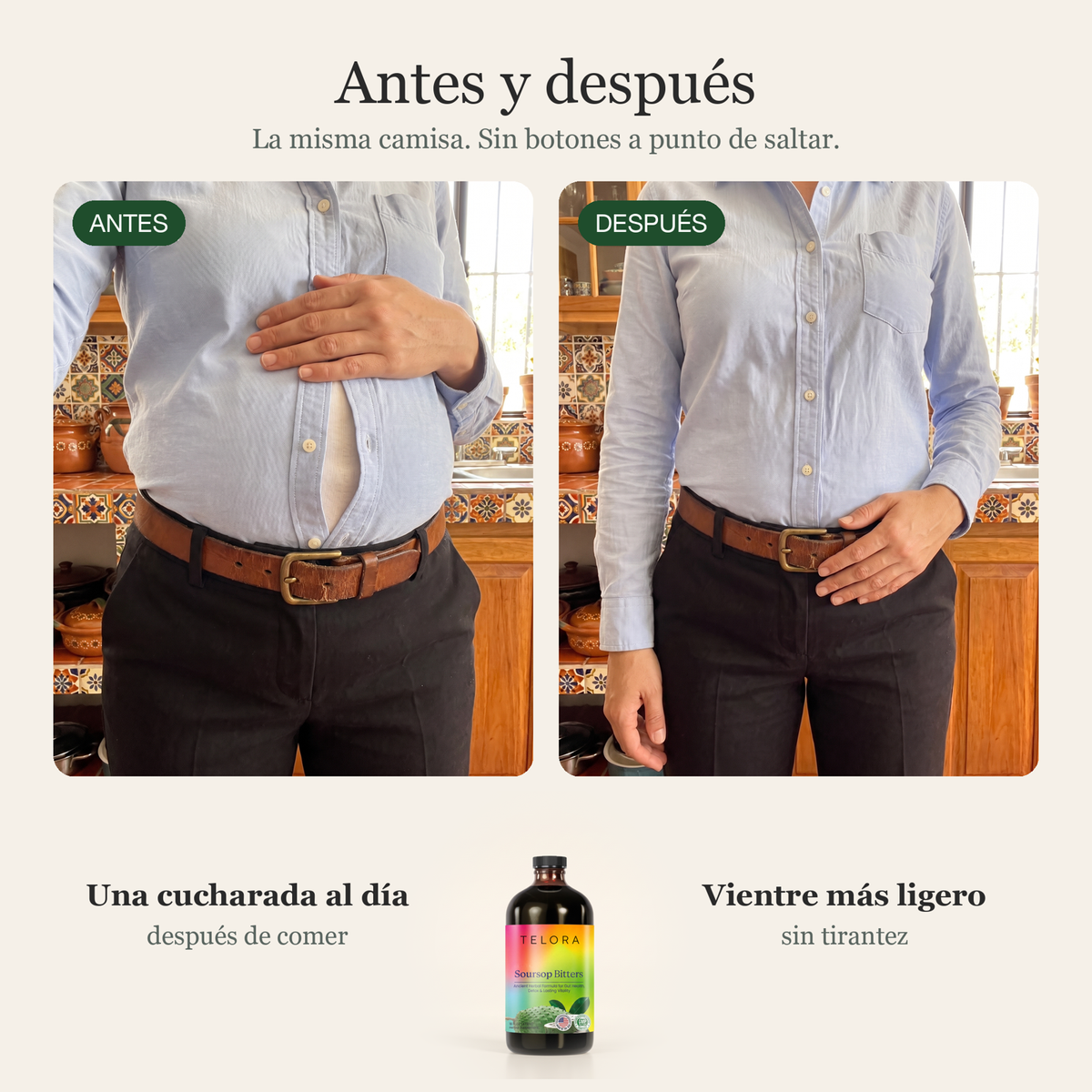 Antes y después: la misma camisa, primero ajustada por la hinchazón después de comer y después lisa, con el vientre más ligero