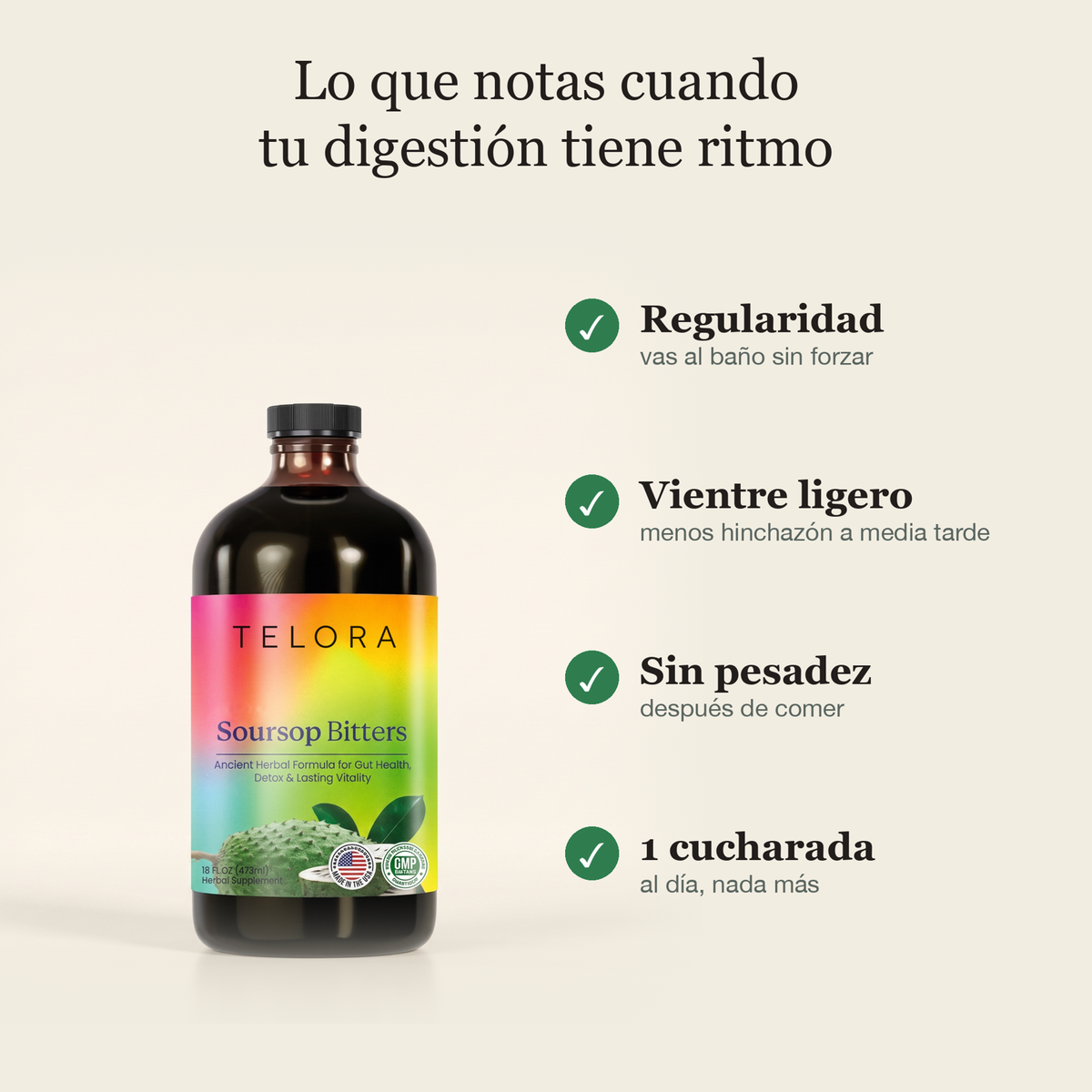 Botella de Bitters de Guanábana con sus cuatro beneficios: regularidad, vientre ligero, sin pesadez y una cucharada al día