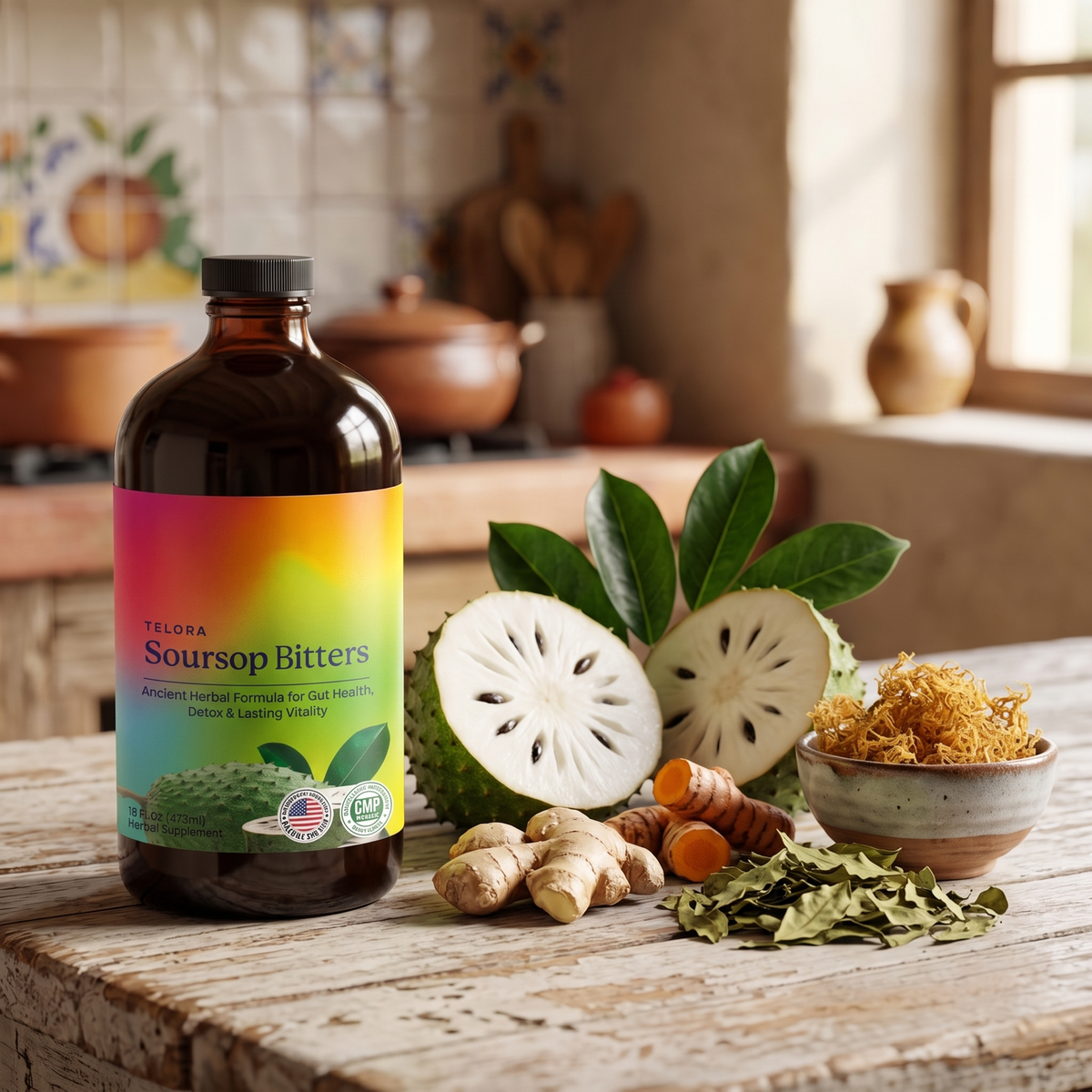 Botella de Bitters de Guanábana junto a una guanábana abierta, jengibre, cúrcuma, hojas de sen y musgo marino