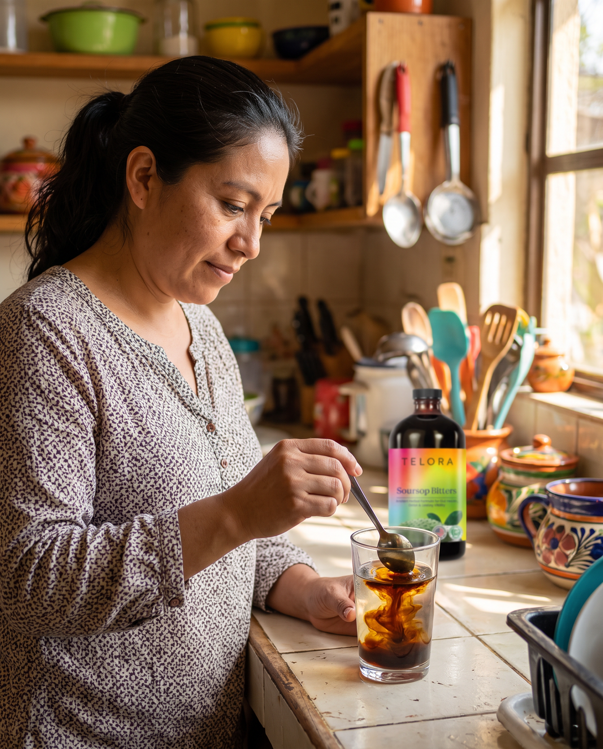 Mujer en su cocina mezclando una cucharada de Bitters de Guanábana en un vaso de agua