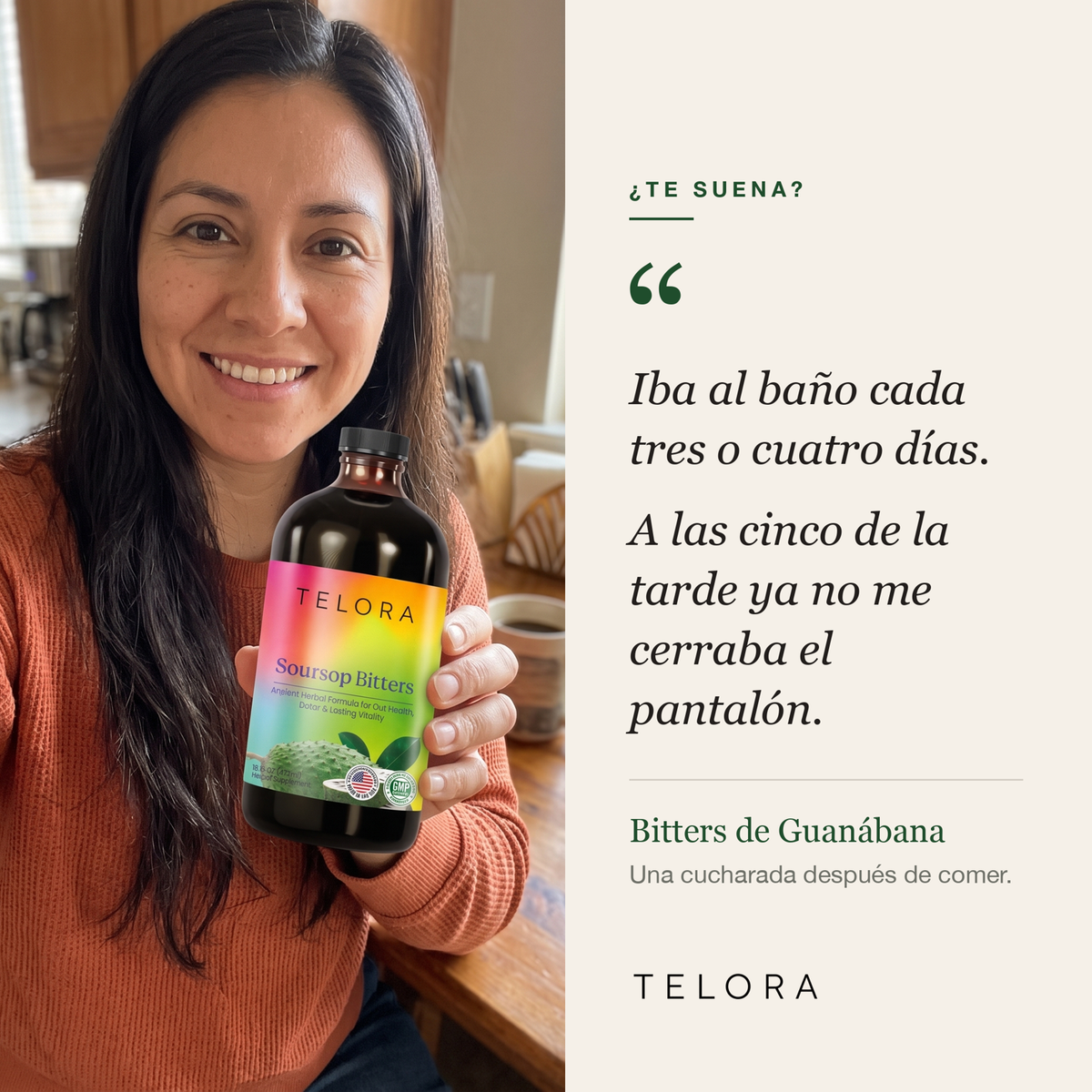 Mujer en su cocina con la botella de Bitters de Guanábana: iba al baño cada tres o cuatro días y por la tarde ya no le cerraba el pantalón